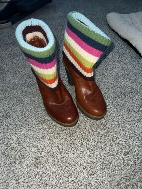 Women's Brown Leather Heeled Boots with Striped Knit Cuffs
